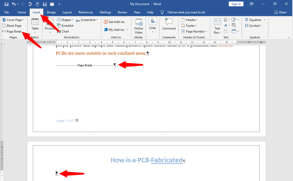 how to add section page break in word