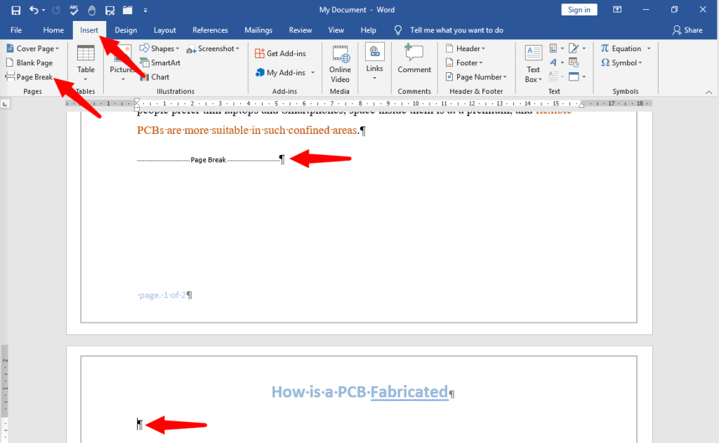 how to add page break in word docs