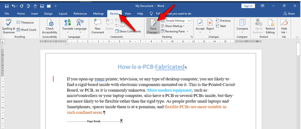 remove page break before table word