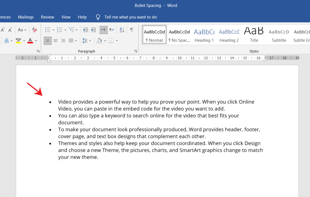 Change bullet spacing in MS word 