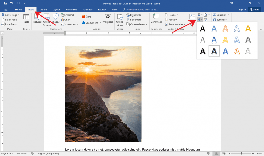 how to place text over image in word