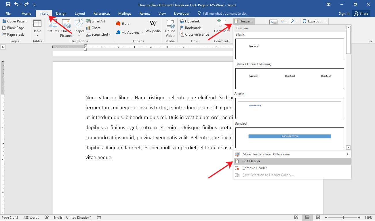 how to do a different header on each page in word